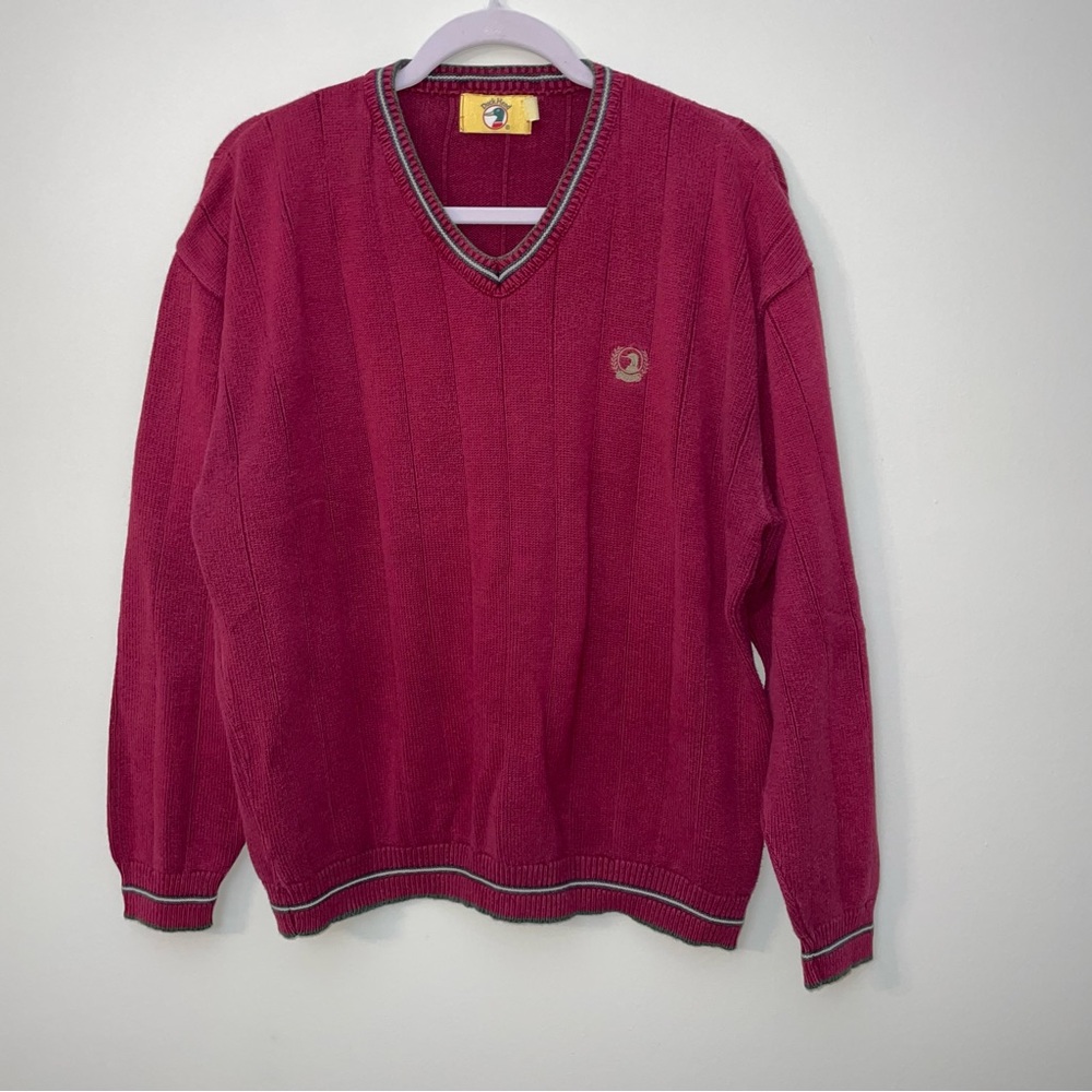 y2K Men’s Duck Head Sweater Large V Neck Cotton Pullover Classic Logo Brick Red